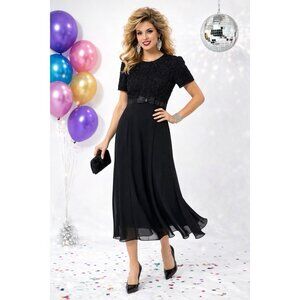 vintage 80s BLACK MIDI COCKTAIL DRESS formal MEDIUM bow rhinestones party retro